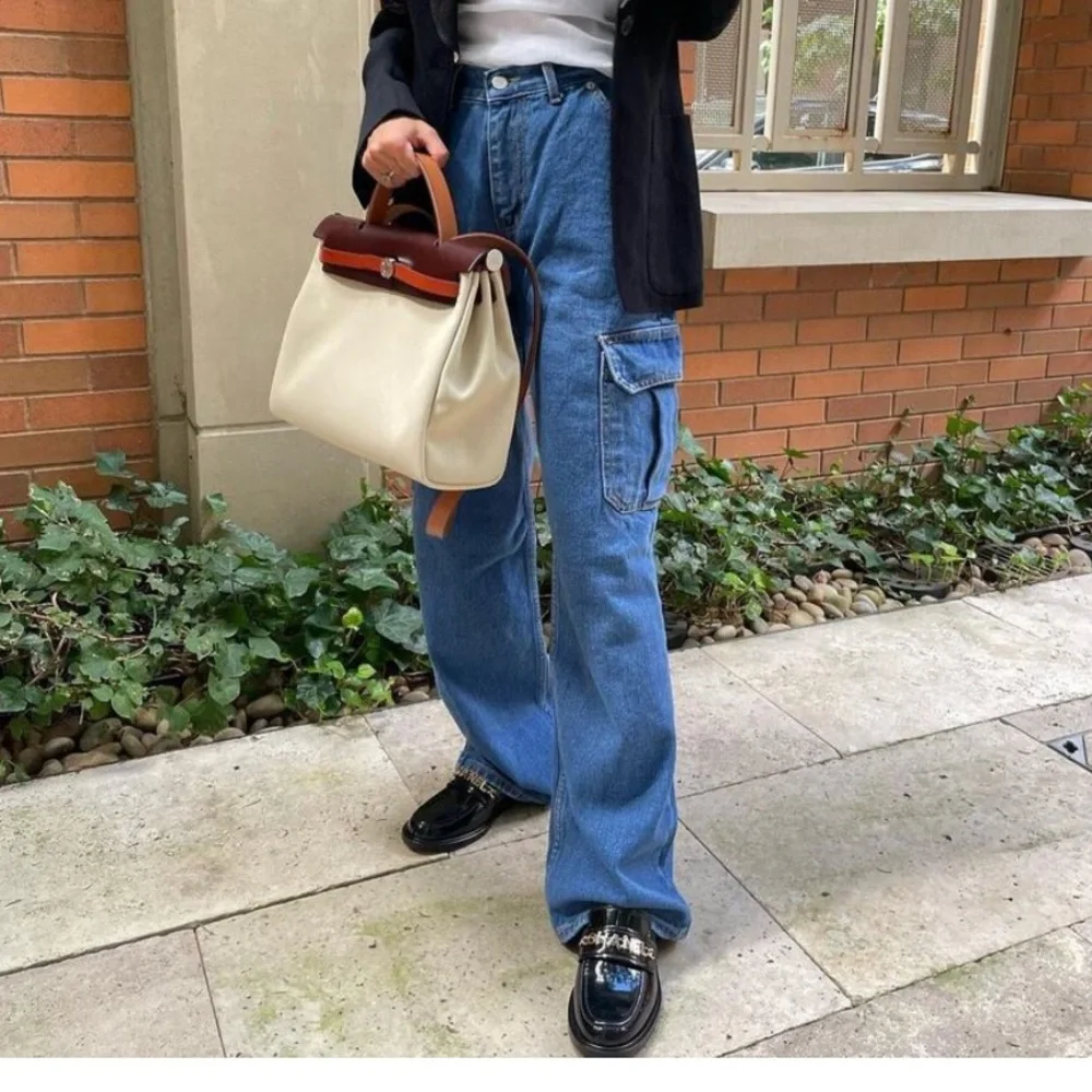 The Frankie Shop Blue Denim Cargo Jeans Wide leg Size S - Picture 3 of 13
